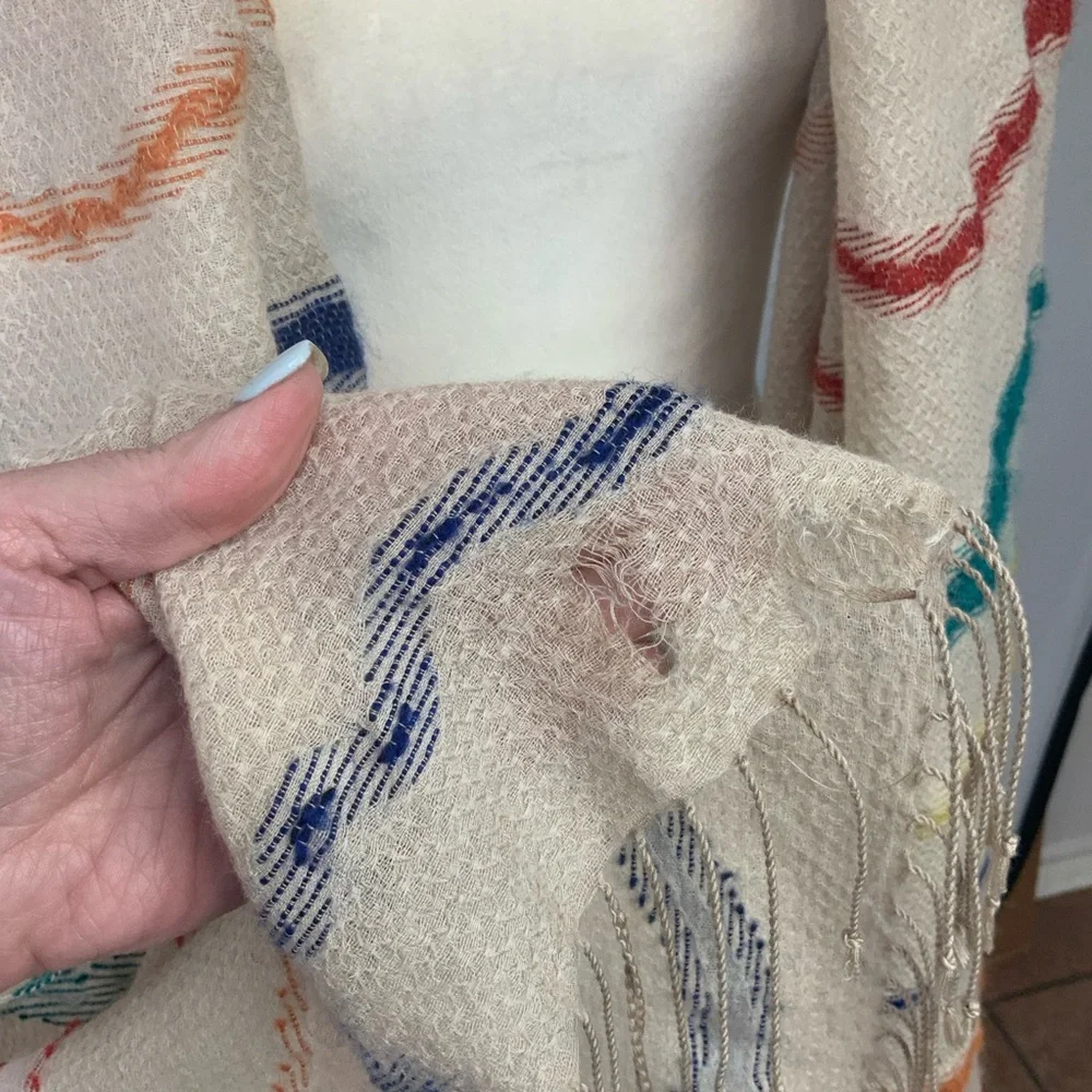 Ahujasons Wool Modal Cream Rainbow Striped Scarf Wrap Artsy Fringe Boho 26”x78”